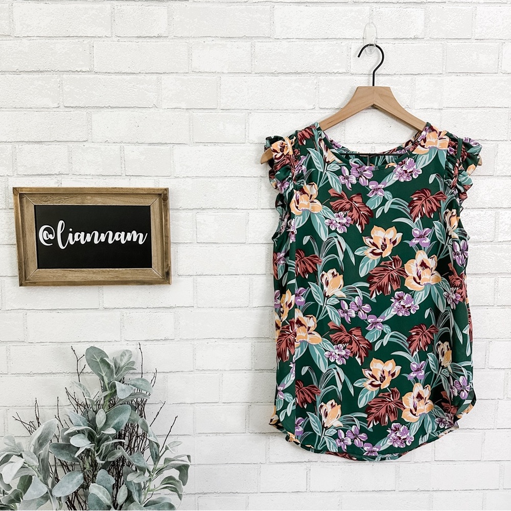 LOFT Green Flowered Ruffle Cap Sleeve Top